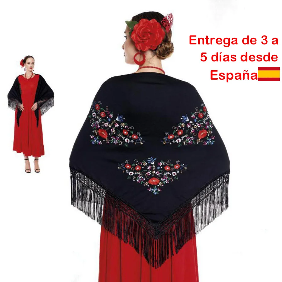 Mantón de Manila bordado de flor colores liso para mujer niña, Mantones de Flamenca para el Vestido de Feria, Sevillana o Flamenca Color Negro Rojo Blanco Rosa Azul