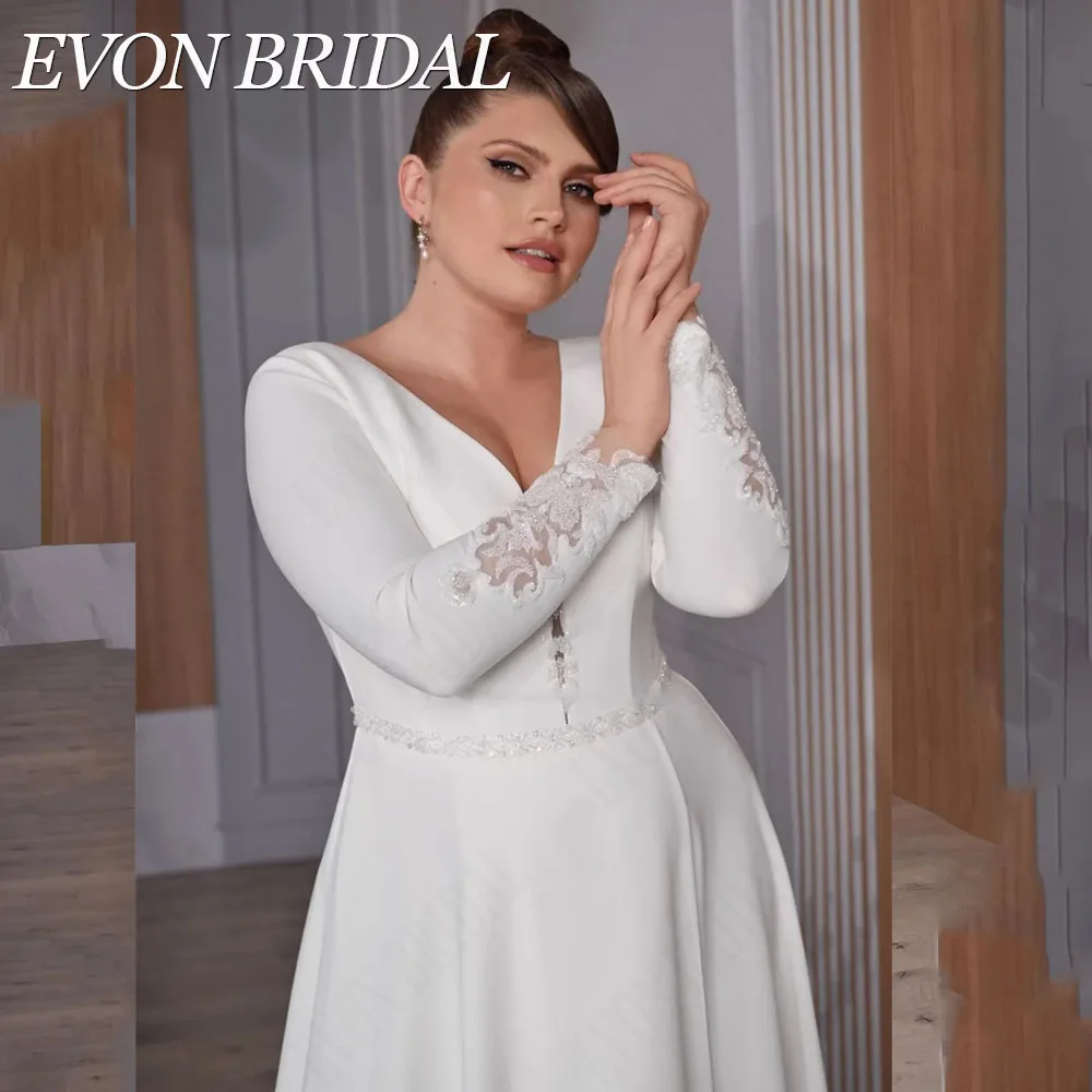 EVON BRIDAL Elegant Satin A-Line Wedding Dress Plus Size Long Sleeves Double V-Neck Applique Bridal Gowns vestidos de novia