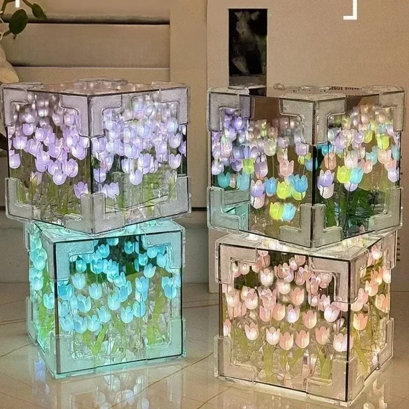 Bricolage à la main tulipe miroir Cube lampe Simulation fleur chambre lampe de Table de couchage artisanat tulipes miroir veilleuse cadeau d'anniversaire