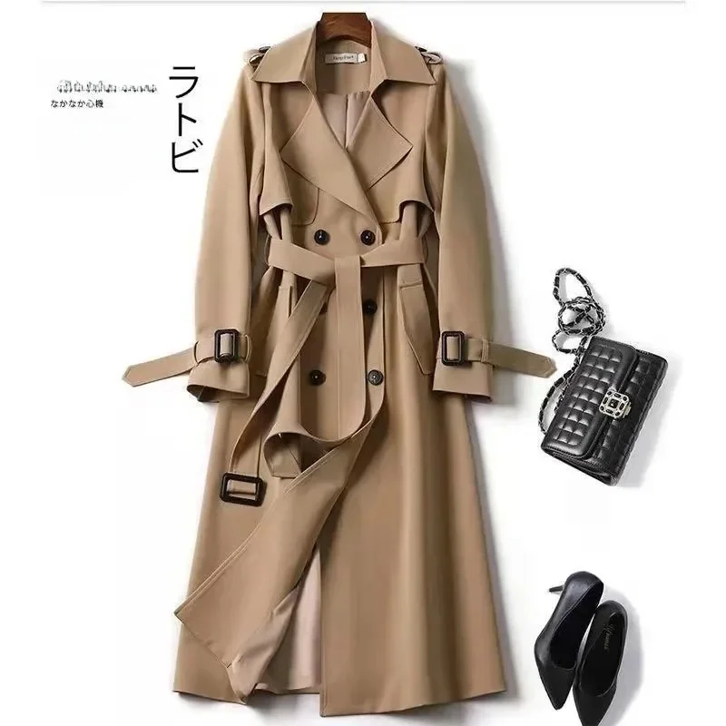 Długi trencz damski sznurowany płaszcz z guzikami z pełnym rękawem skręcić w dół kołnierz kurtki splotowe solidne kieszenie Office Lady Streetwear — zdjęcie 2