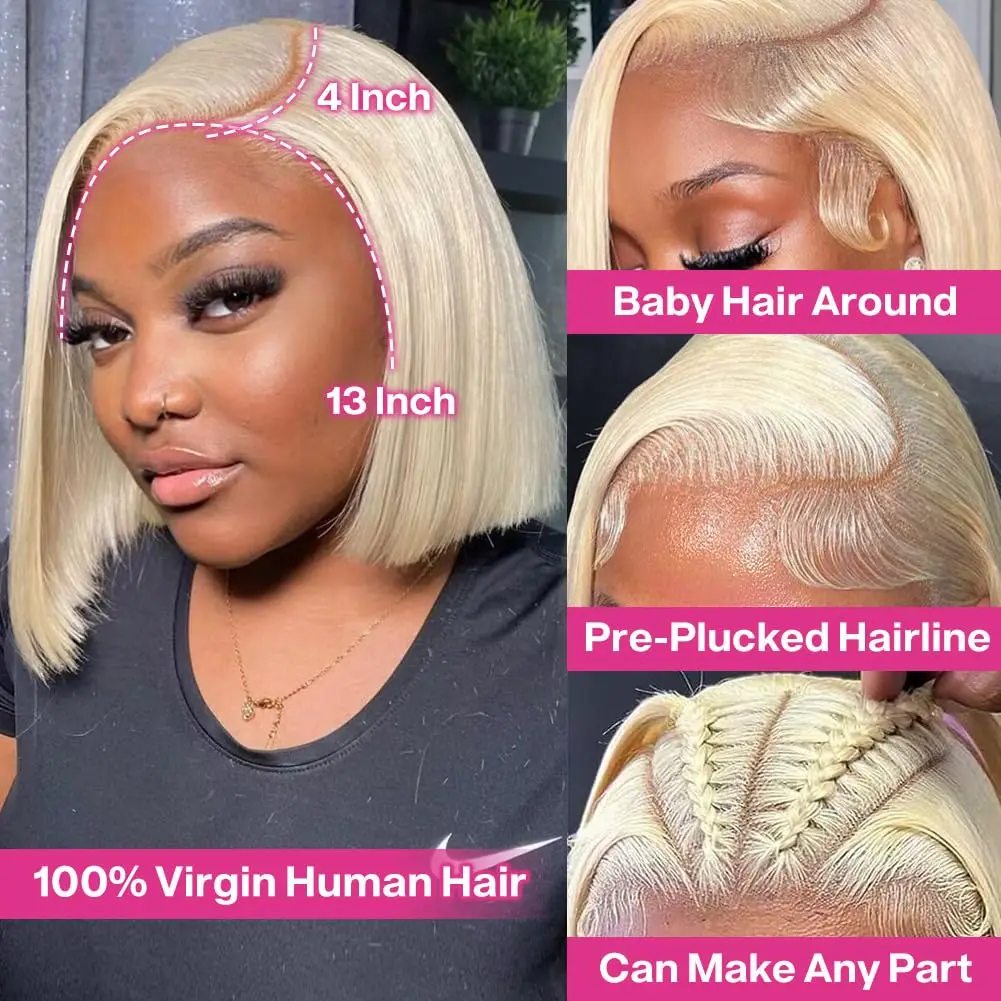 613 Blonde Bob Wig Human Hair Short Straight 13x4 HD Lace Front Glueless Wig Human Hair 613 Blonde Wear And Go Wigs For Woman