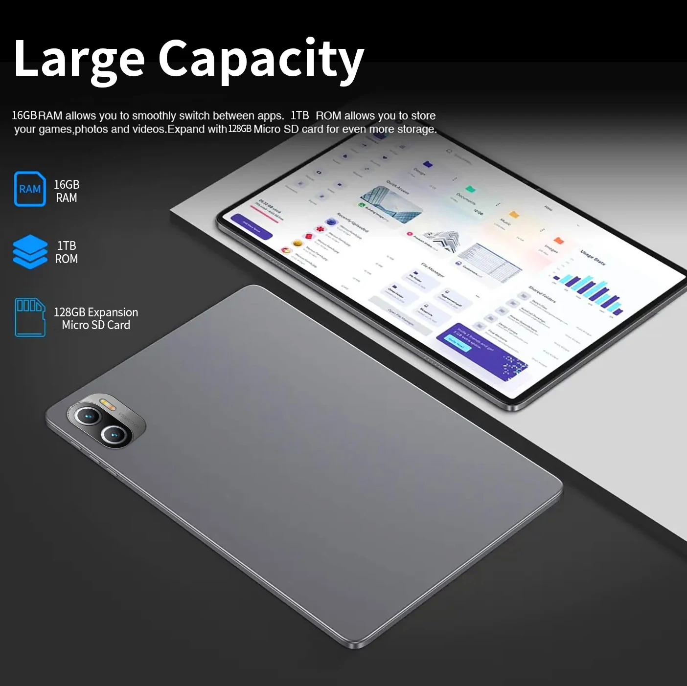 Tablet Android com Wi-Fi e rede Bluetooth, 16GB de RAM, 1TB ROM, 16MP, 32MP, 10.1 in, 8800mAh, 10Core, 12.0, Brand New, 2024