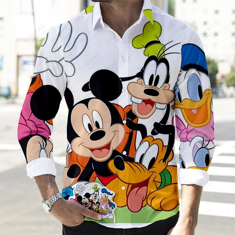 2022 outono mais novo botão casual camisas de manga longa disney mickey pato donald e goofy 3d impressão completa moda masculina lapela topos