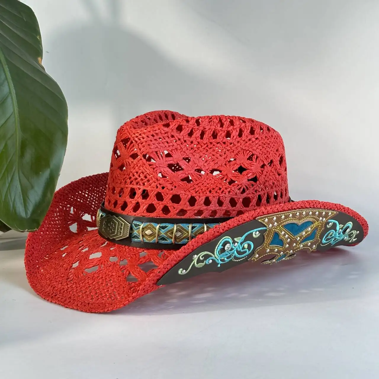 Vintage Red Hollow Crochet Cowboy Hat for Women - Embroidered Western Style Straw Hat for Rodeo, Festival & Outdoor Activities