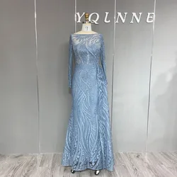 Luxury Muslim Long Sleeves Rhinestone Evening Dresses 2023 Blue Embroidered Lace Formal Women Mermaid Gown For Party YQLNNE