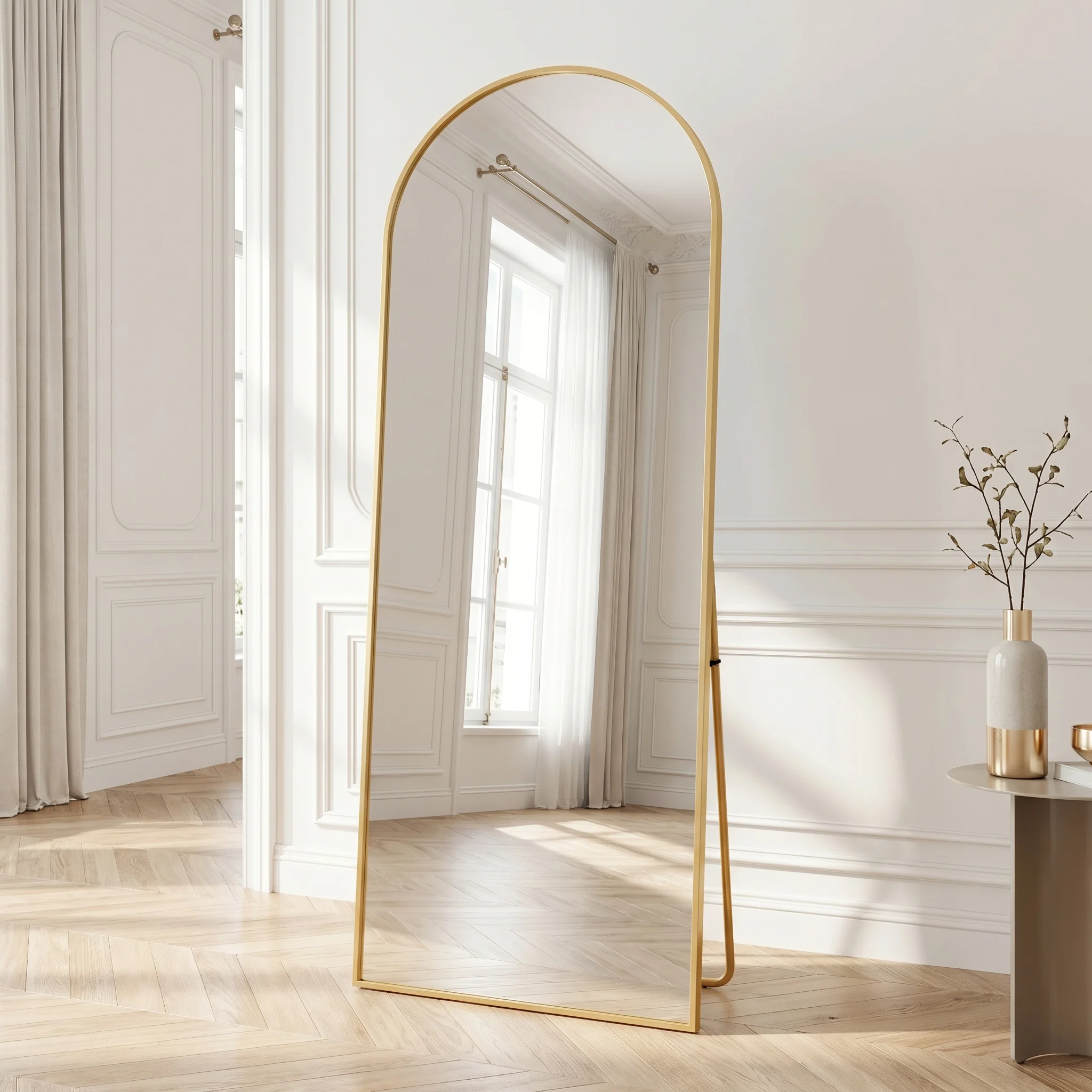 Miroir sur pied Superaly arqué pleine longueur, 165x60 cm, avec cadre doré, miroir moderne mural ou à poser pour chambre et salon