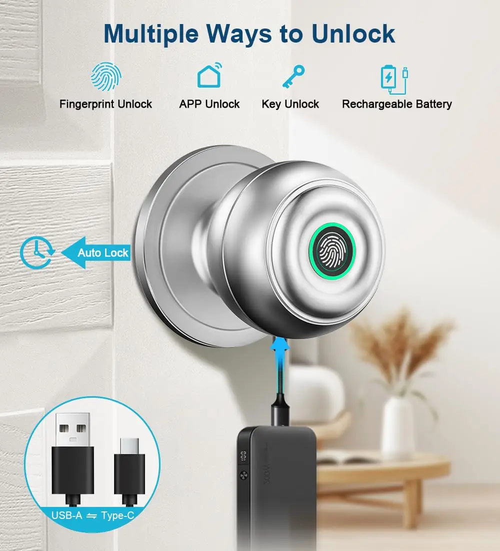 Smart Fingerprint Door Knob with Lock, Biometric Door Lock with App Control & Key