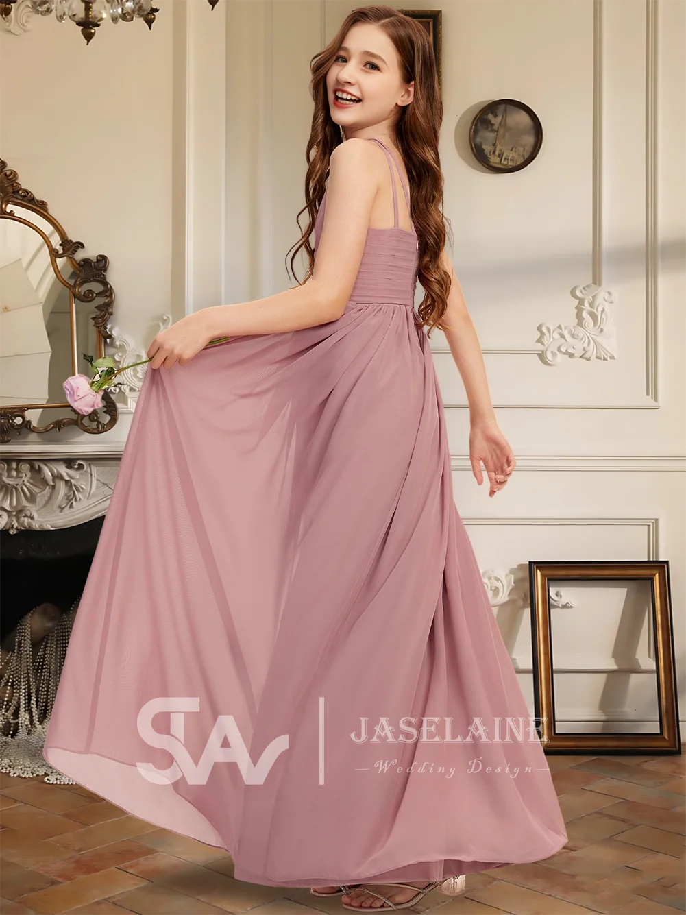 Dziecięca Sukienka Druhny dla Dziewczynek, Linia A, Halter, Długa do Podłogi, Szyfonowa, Bez Rękawów, Marszczona w Talii, Sukienka dla Druhny z Kwiatami, Sukienka na Wesele, Formalna