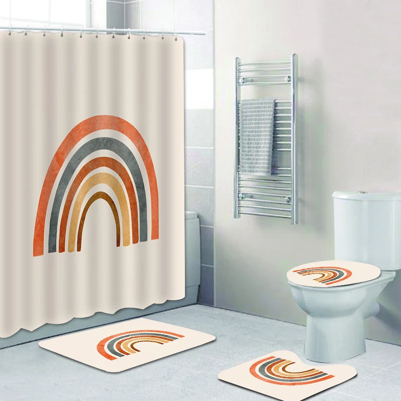 Simple Mid Century Boho Rainbow Print Shower Curtain Set for Bathroom Abstract Line Art Painting Bathroom Curtain Mat Home Decor