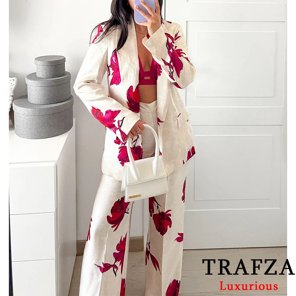 TRAFZA Vintage Flower Print Women Suits V Neck Long Sleeve Oversized Blazer+High Waist Wide Leg Pants Fashion 2024 Autumn Suits