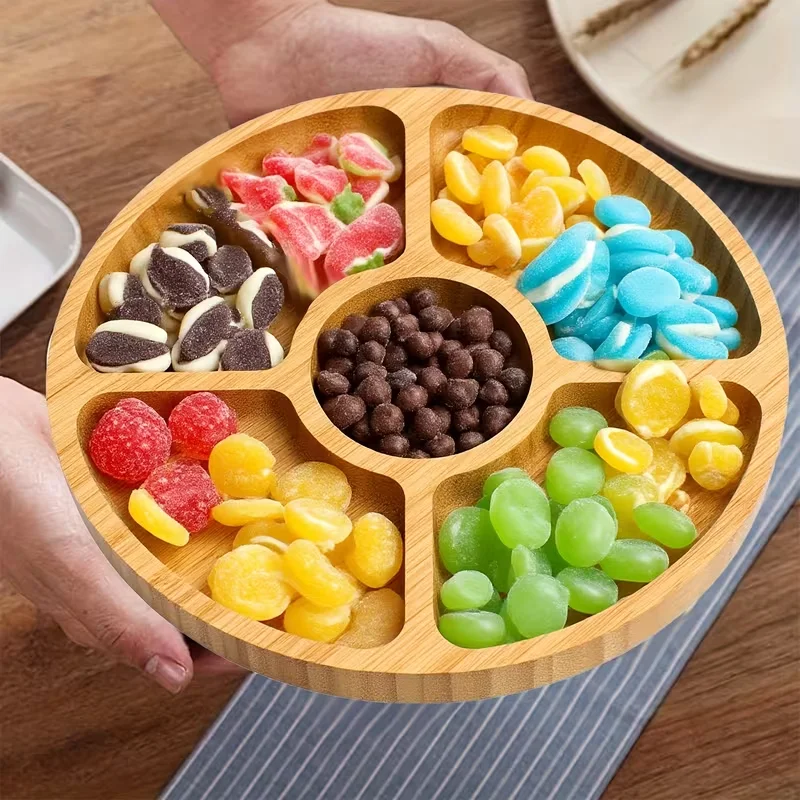 Bamboo Fruit Tray Round Five Compartment Fruit Plate for Snacks Fruits Nuts Wooden Plate with Dividers