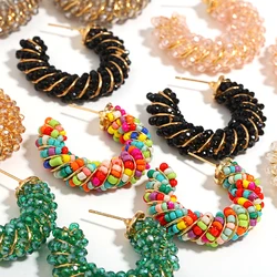 Bohemia Colorful Seed Bead Hoop Earrings Candy Color Crystal Beaded Twist Dangle Earrings Women's Rainbow Swirl C-Shape Earring