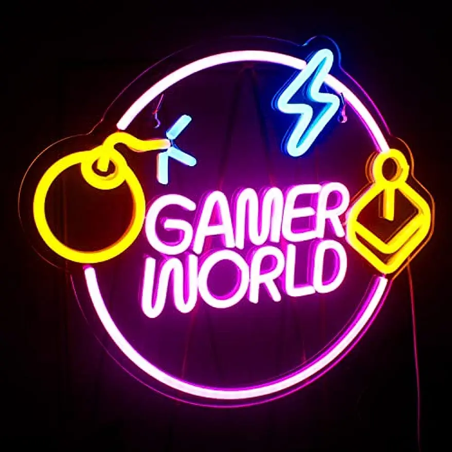 Gamer World LED Neon Sign with Bomb Controller and Lightning for Gaming Room Decor Retro Man Cave Bar Personalized Gamer Gift