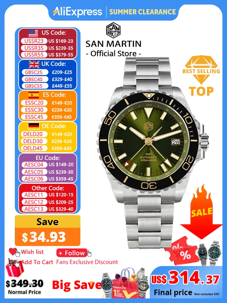 San Martin – montre de plongée GMT pour hommes, cadran en émail NH34, en acier inoxydable, de luxe, automatique, mécanique, saphir lumineux, 39mm, SN0136