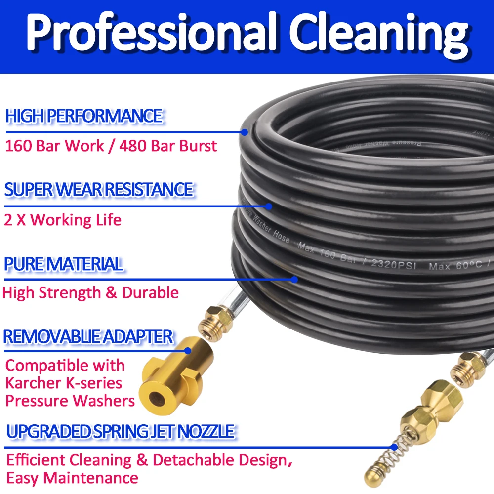 6~20 Meters 2320psi 160bar High Pressure Washer Sewer Drain Water Cleaning Hose Pipe Cleaner for Karcher K2 K3 K4 K5 K6 K7