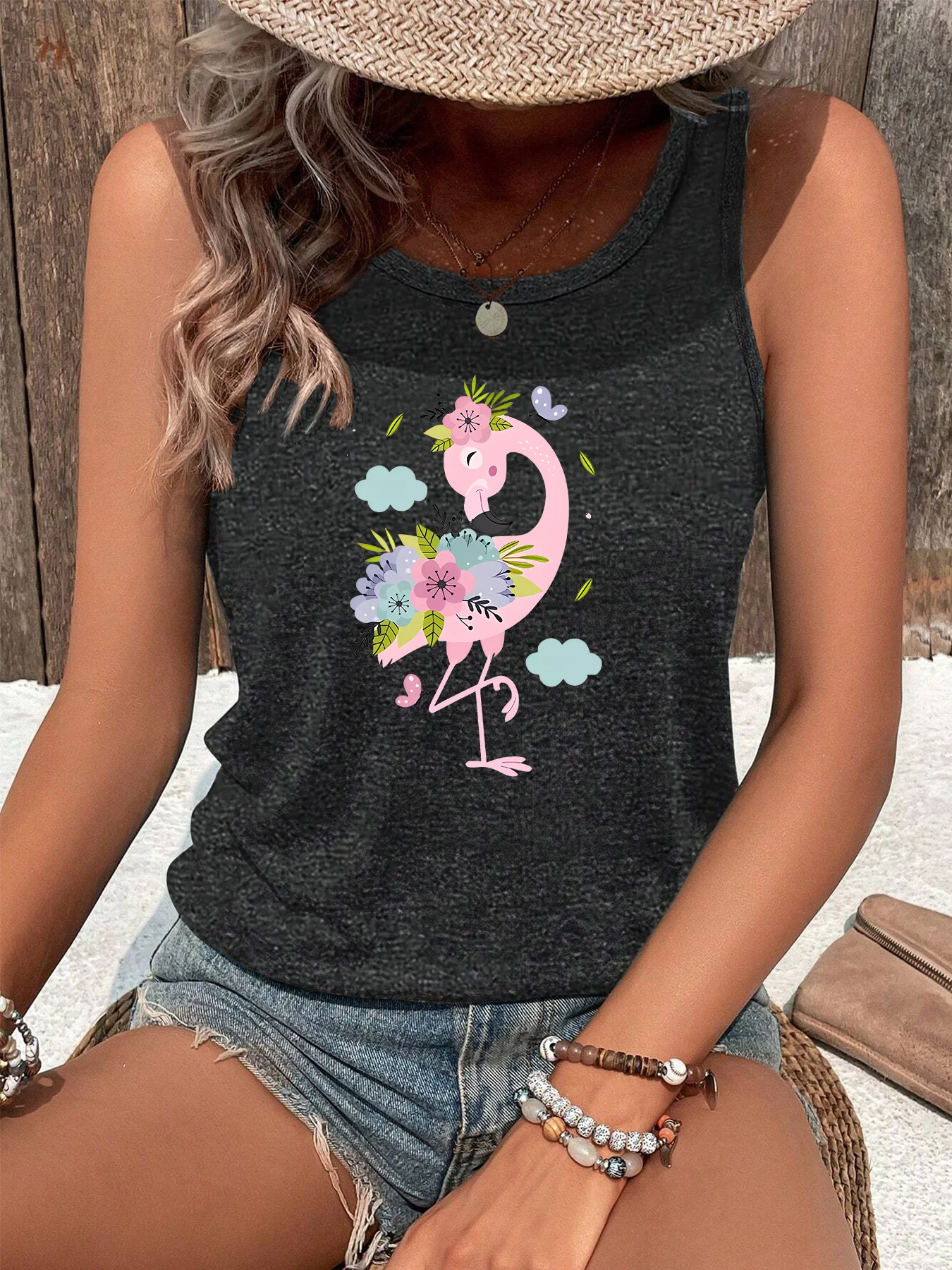 Cute Flamingo Flower Bush Forest Fashion Funny Sports Women's Tank Top Loose O Neck Sleeveless Casual Tank Top