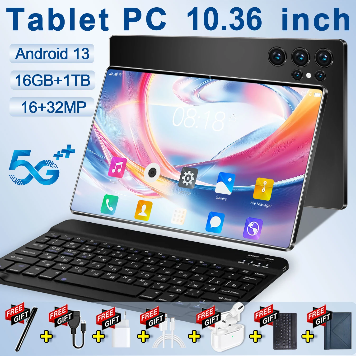 Tablet 5G de 10.36 Pulgadas, Android 13.0, 16GB de RAM, 1TB de ROM, Bluetooth, 20000mAh, WIFI, 14 Núcleos, WPS Office, Pantalla HD, Teclado Bluetooth, Global