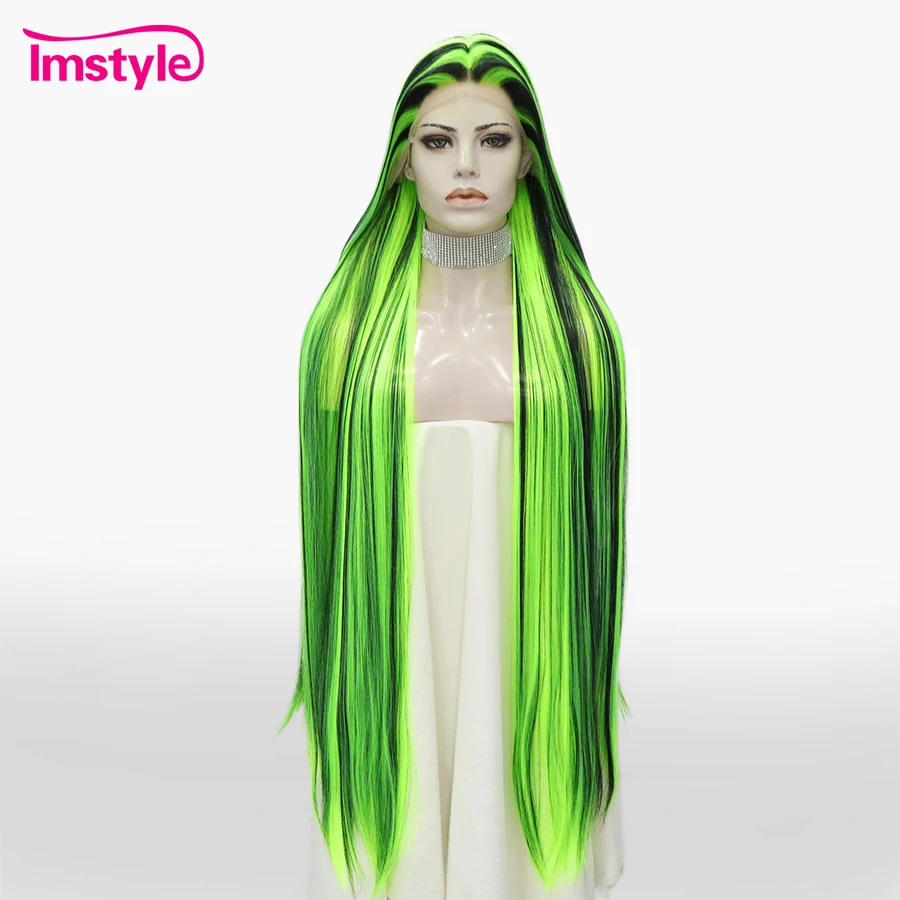 Imstyle 44'' Super Long Wig Synthetic Lace Front Wig Fluorescent Green Mixed Black Wig Straight Hair Heat Resistant Fiber Wigs