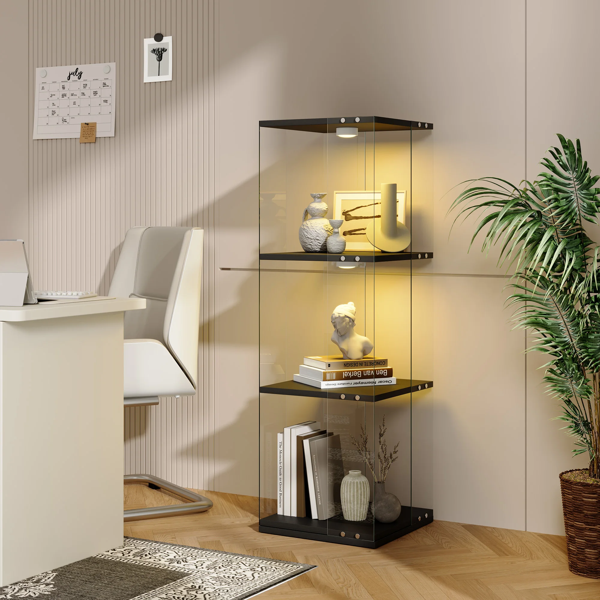 Anajqaqia 121X38X38 cm Drehbarer Vitrinenschrank mit Glastüren, 360° °   Drehbare Glasvitrine mit RGB-Beleuchtung, 3-stufiges Aufbewahrungsregal für Figuren, Bücher und Dekorationen