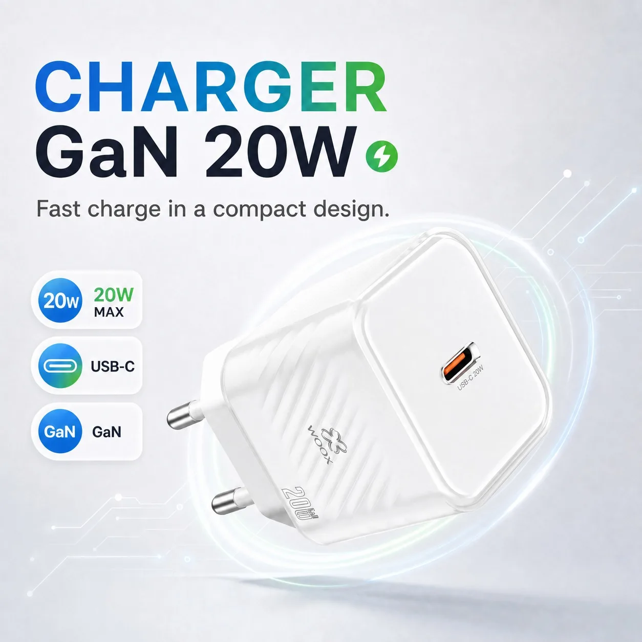 Caricatore WOOX USB-C 20W GaN a porta singola con PPS, ricarica rapida e design compatto per smartphone e tablet, ideale per viaggiare e caricare senza complessità
