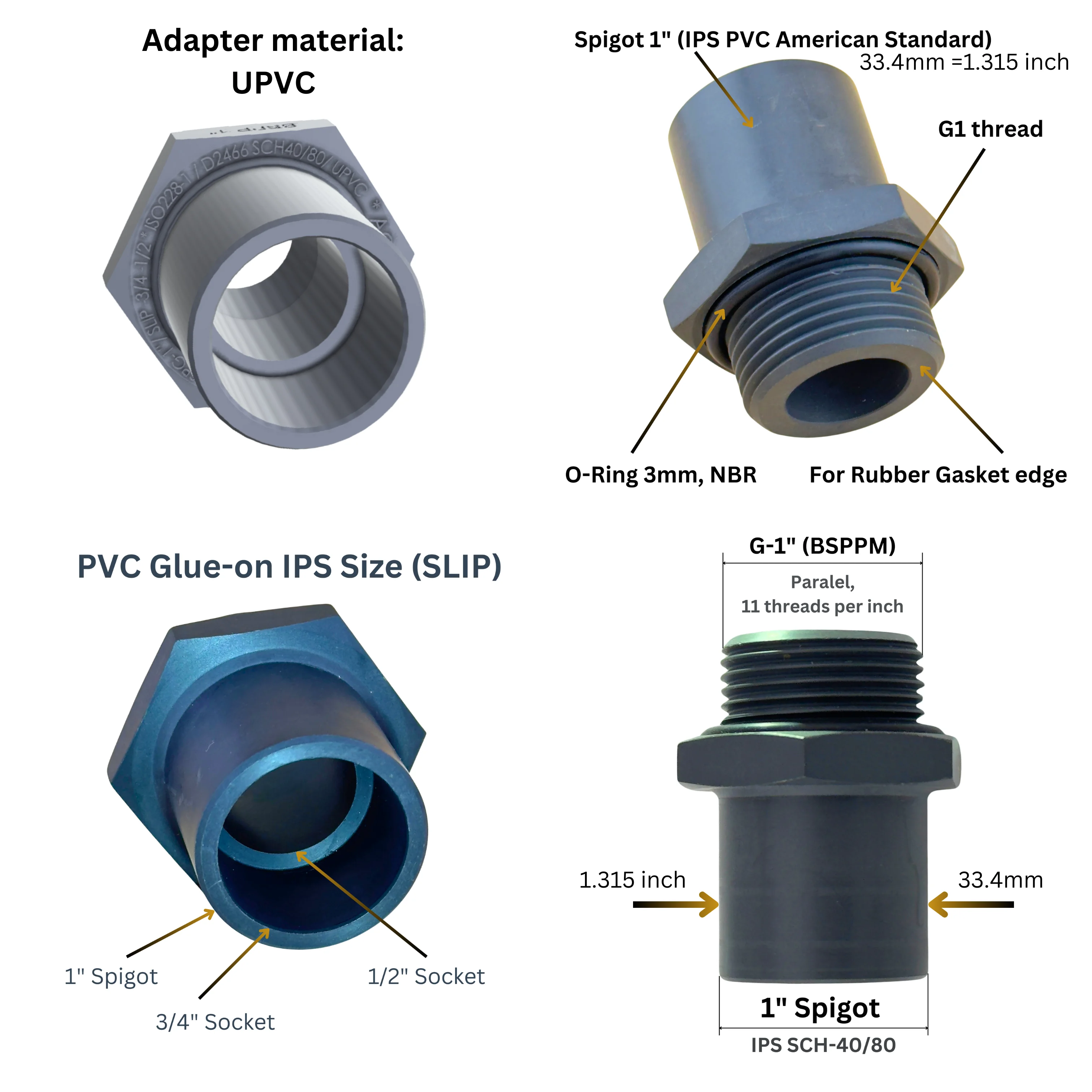 BSPP para adaptador de encanamento IPS, Slip Spigot-1 "com O-Ring, solda e material CPVC, 1: BSPPM-1", SCH40 80, Slip, 1"