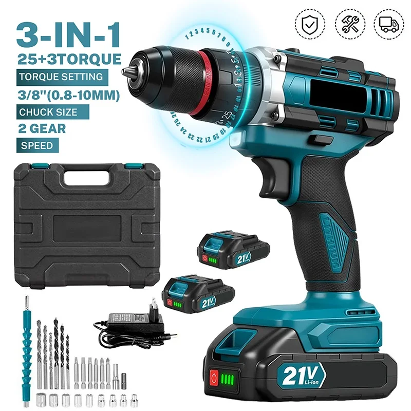 3-in-1 Elektrischer Schlagbohrer 25+3 Drehmoment Kabelloser Handbohrer für Holzbearbeitung, Kompatibel mit Makita 18V Akku