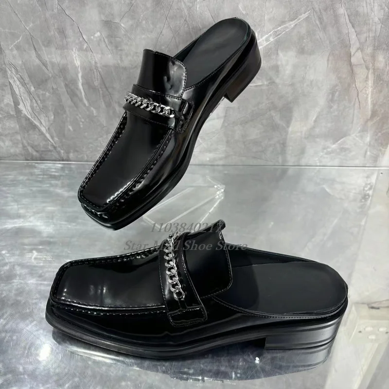 Luxurious Black Patent Leather Half Loafers for Men Casual Shoelaces Metal Button Chains Summer Square Toe Slippers Mule Shoes