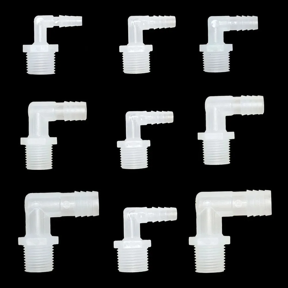 Connecteur de tuyau coudé en plastique, coupleur de tuyau avec raccords filetés de 1/2 pouces, adaptateur d'irrigation goutte à goutte, 6/8/10/12/13/14/16/18mm