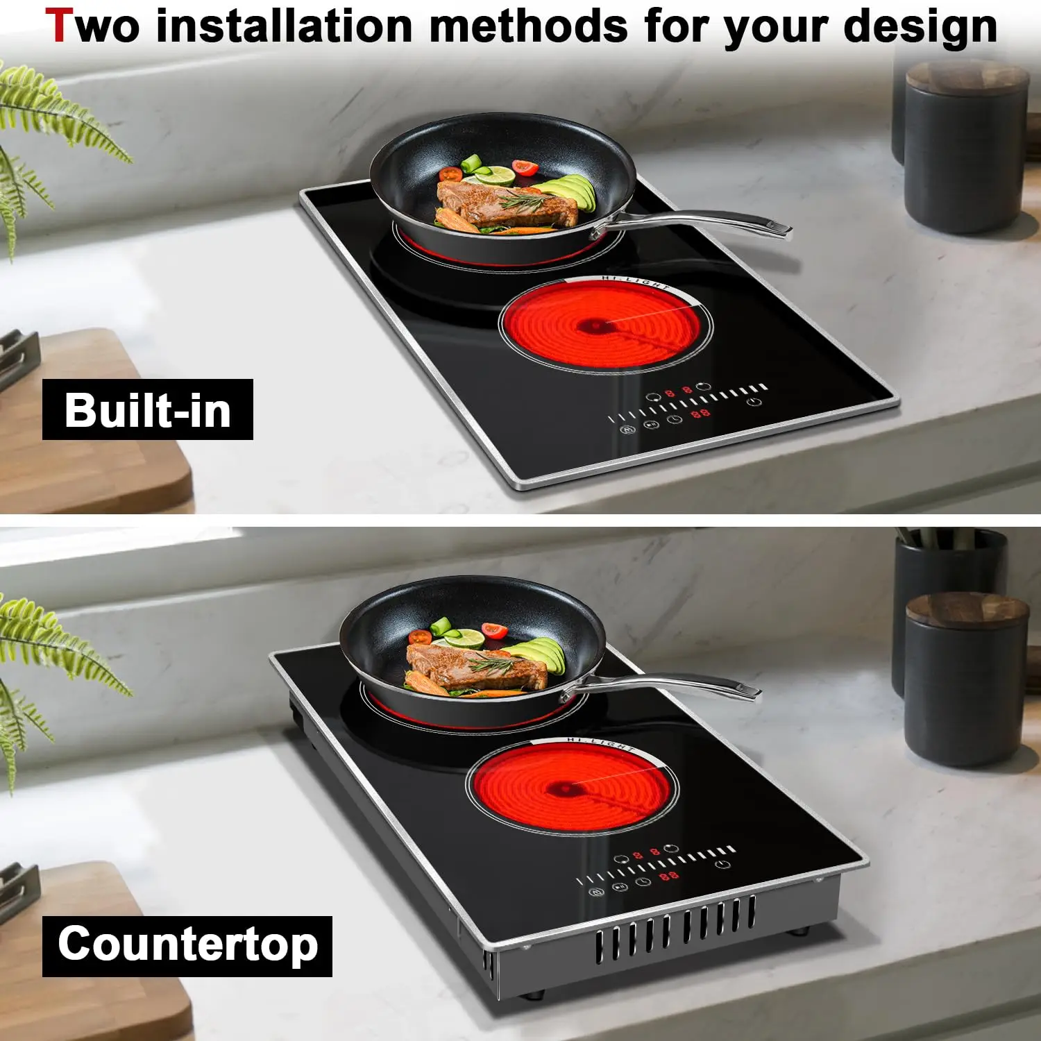 2 Burner 12 Inch Electric Stove Top Bulit-in & Countertop 3000W，with Glass Protection，Lock，Timer，Slide Control，220-240V(No Plug)