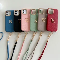 Luxury Leather Phone Case with Custom Gold Initials Lanyard for iPhone17 16 15 14 13 12 11ProMa Plus Models Protective Cover