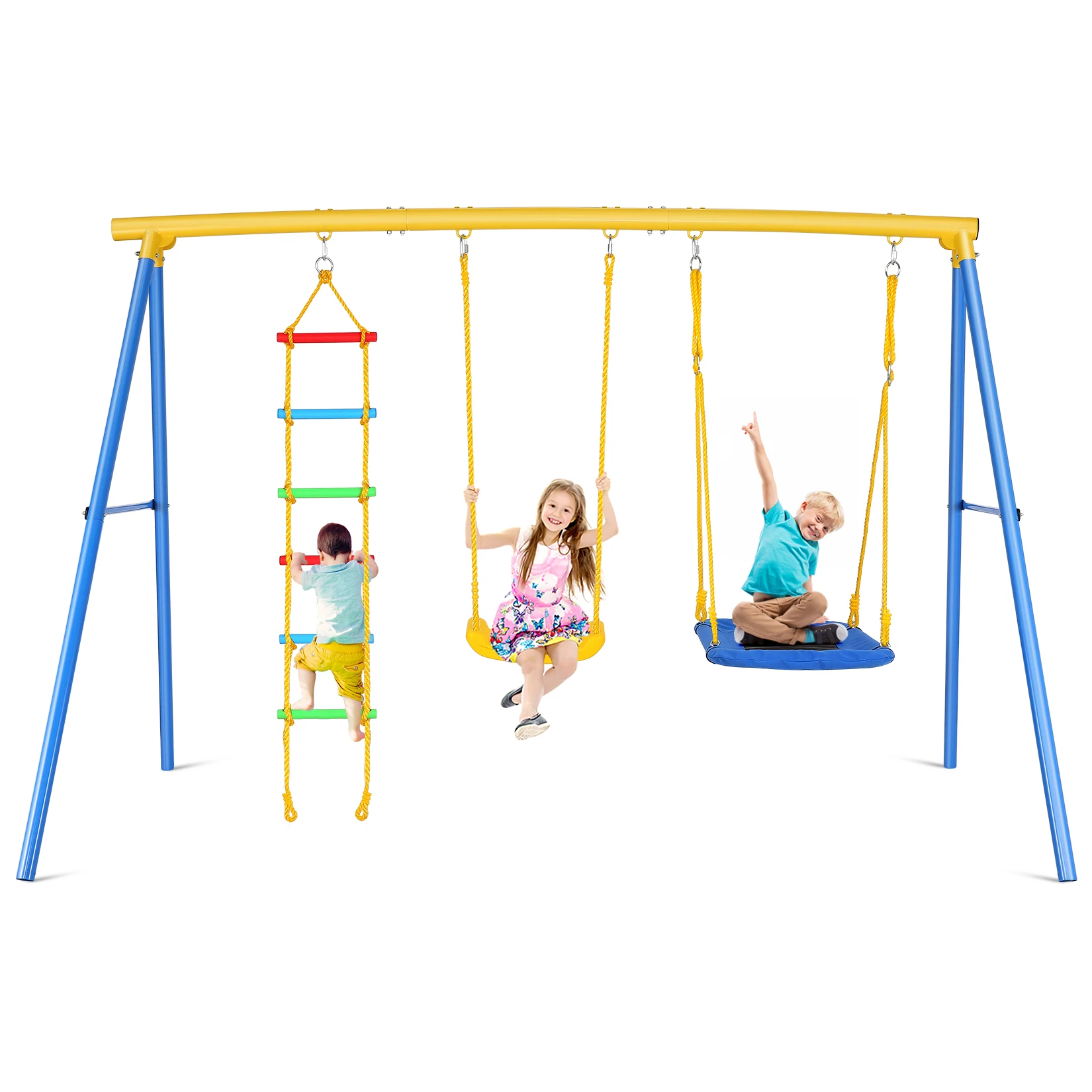 3 in 1 Swing Set for Kids, Swing Set for Backyard with Belt Swing, Saucer Swing and Climbing Ladder, Outdoor Playset 550 LBS Wei