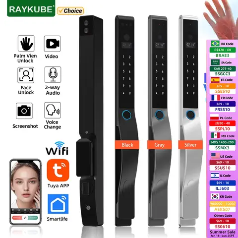 RAYKUBE DQ10 투야 WiFi 팜 정맥 방수 스마트 잠금 장치 3D 얼굴 인식 디지털 지문 잠금 장치 앱 화상 통화 잠금 해제 기능 포함