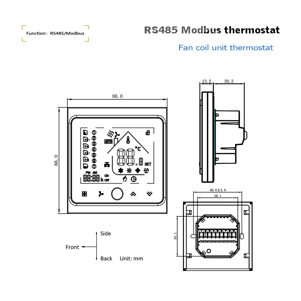 RS485 temperature controller for heating and cooling, 2p-4p fan coil thermostat control 3 speed fans and valves