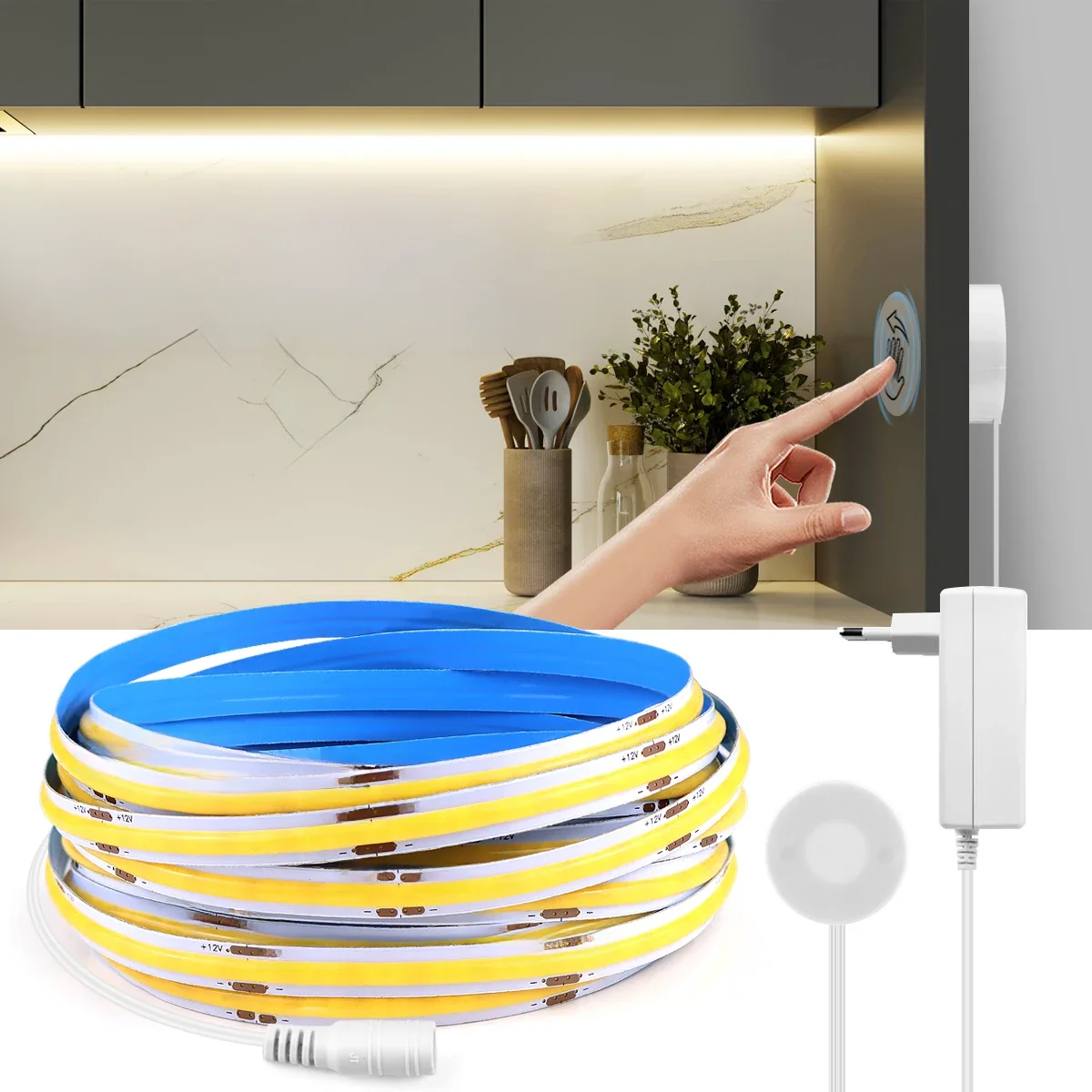 24v 5m 10m durchlässiger Holz spiegel Touch Dimmer Hand Sweep Bewegungs sensor Cob LED Streifen Licht band für Küchen schrank Hintergrund beleuchtung