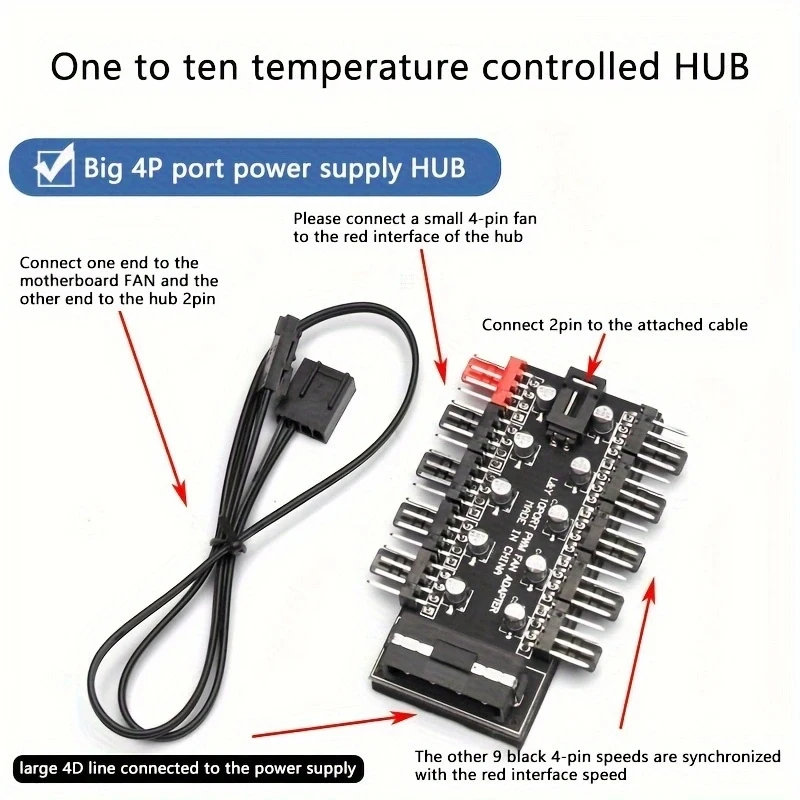 1 to 10 Port 4Pin PWM Fan Hub SATA / 4D Power Supply Intelligent Temperature Control Splitter For PC Case Cooling Fans - view 5