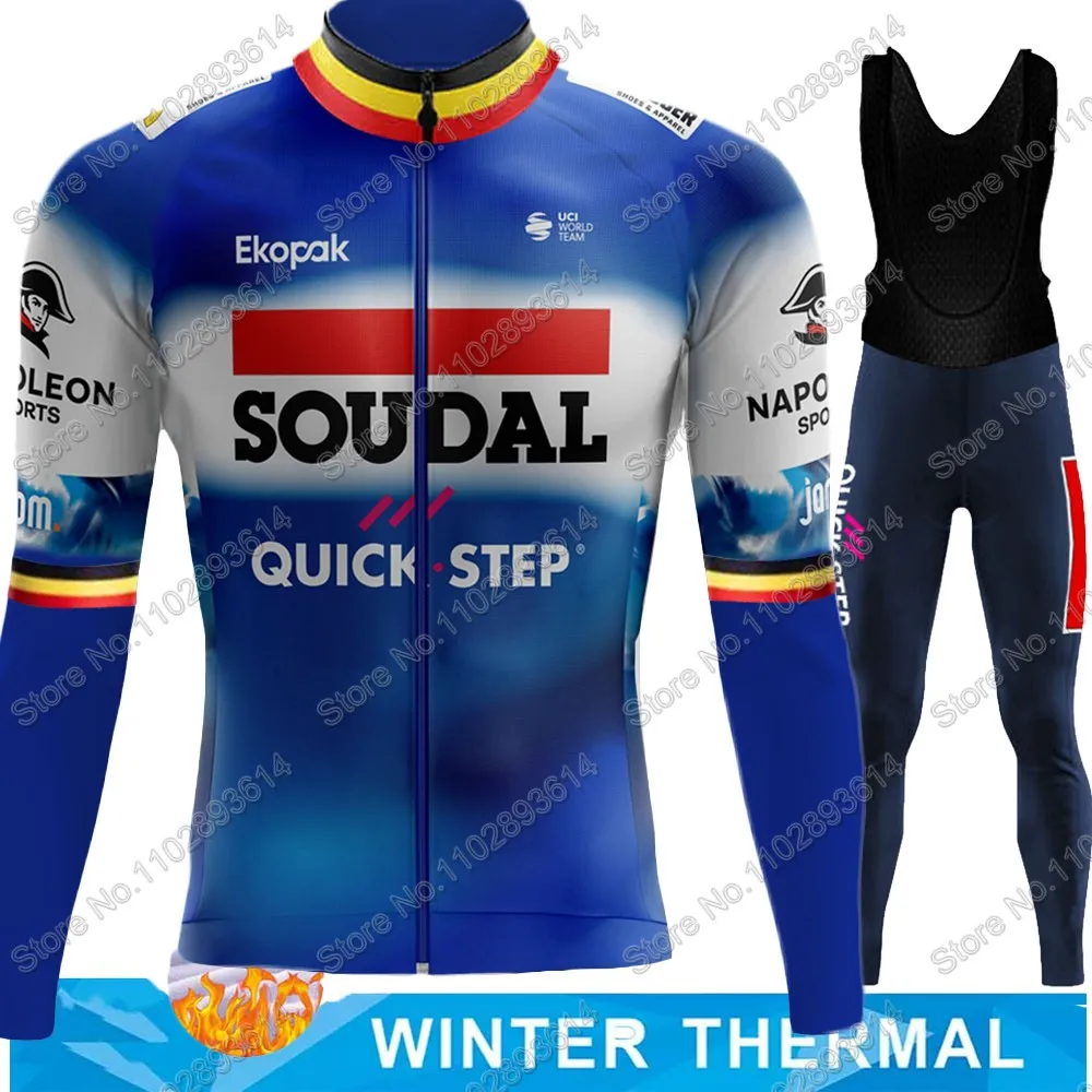 Soudal Quick Step 2024 Belgium Cycling Jersey Winter Clothing Set Thermal World Champion Long Sleeve Pants Bib Bike Suit MTB