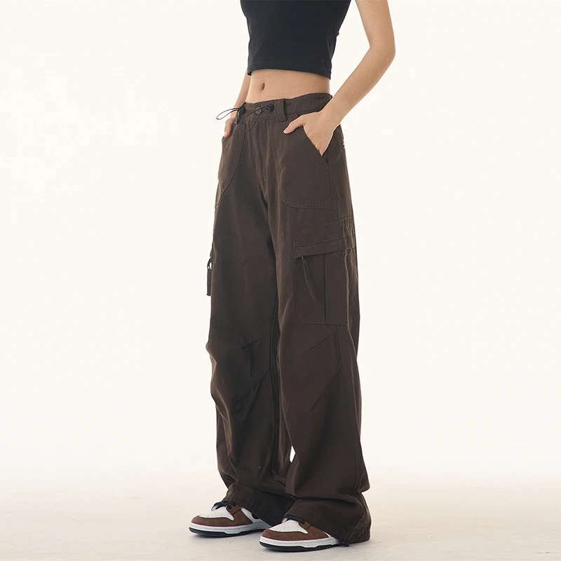 جيوب متعددة رجل البضائع السراويل بلون مستقيم واسعة الساقين Sweatpants رياضة رياضة الرباط السراويل خمر السراويل الفضفاضة