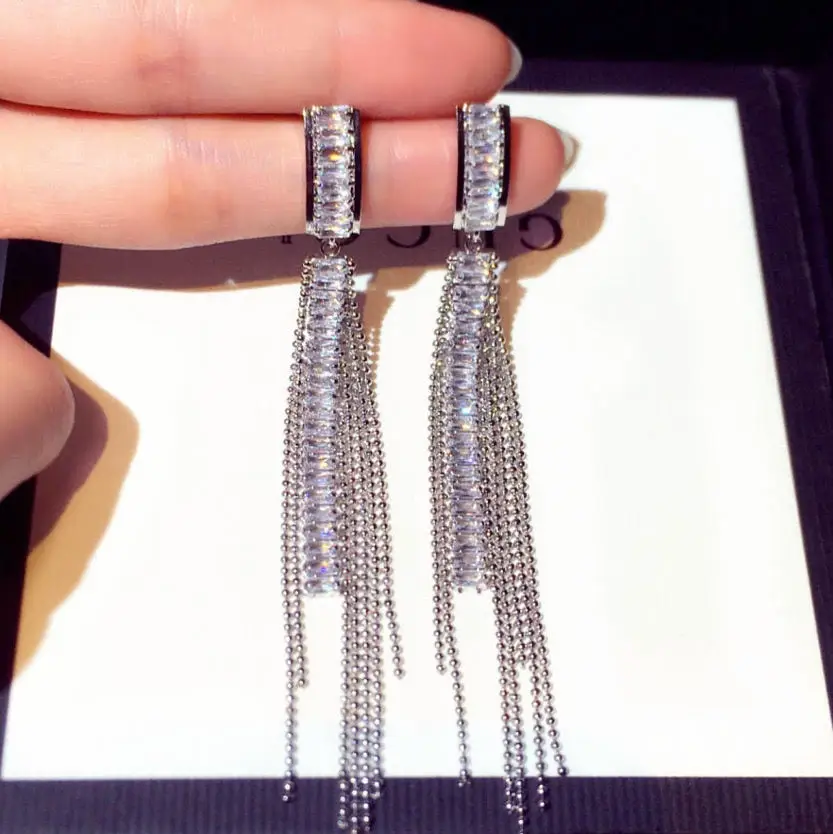 

Starluxe Crystal Tassel Drop Earrings – Long Baguette Rhinestone Fringe for Evening Glam