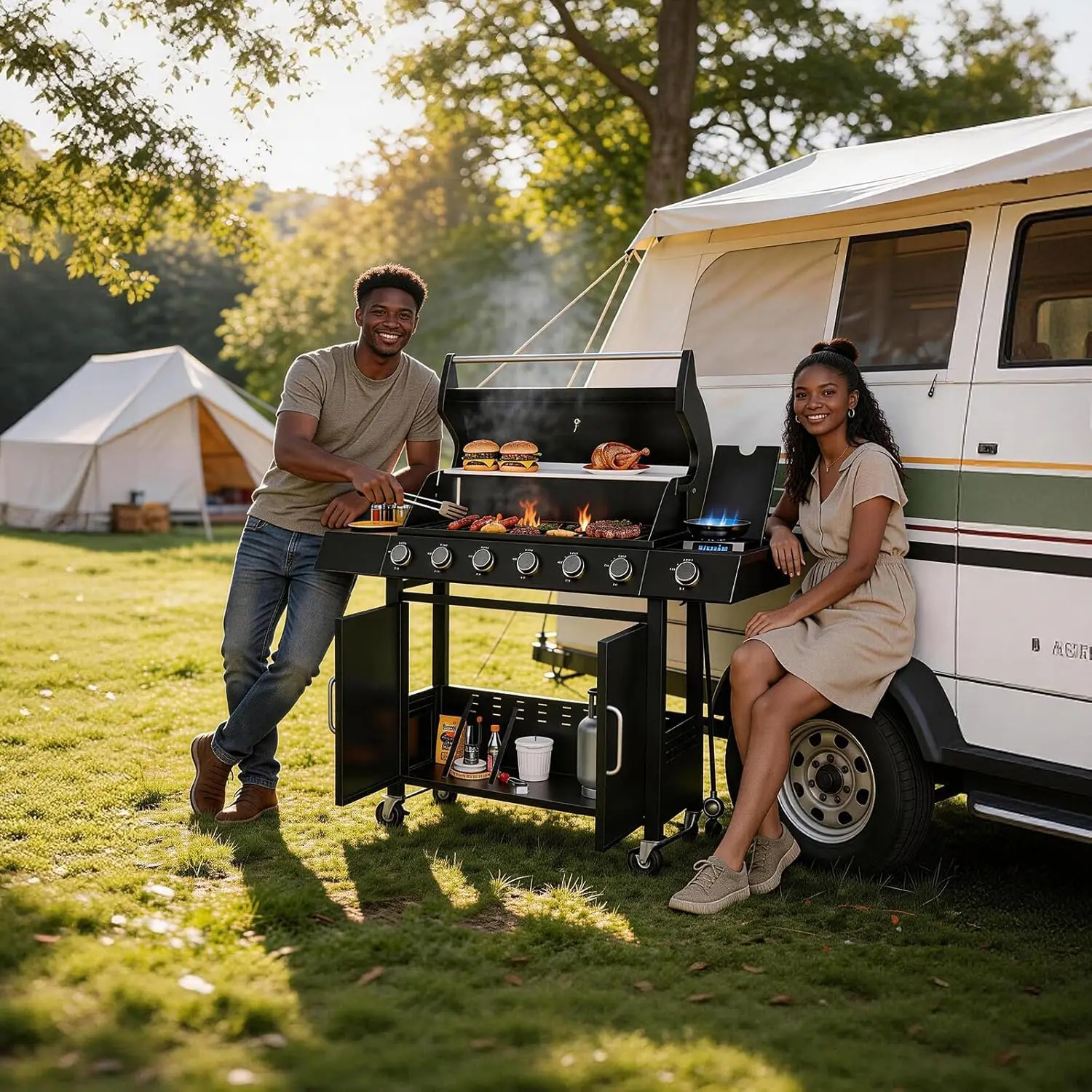 6 Brenner Gasgrill mit Plancha Griddle Kombination, 60000 BTU Gusseiserne Grillroste, Edelstahl-Seitenbrenner, Snap-Jet Zündung, Fettauffangsystem, Outdoor Herd für Garten, Terrasse, Camping