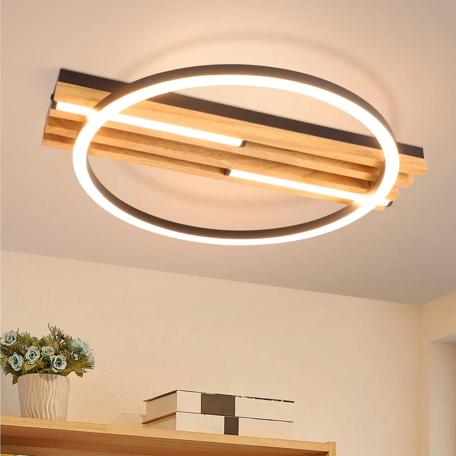 LED Deckenleuchte Holz Deckenlampe:24W 38cm Schlafzimmer Küche 3000K Warmweiß Schwarz Ring Schlafzimmerlampe Modern Design Küchenlampe für Wohnzimmer Büro Esszimmer Treppenhaus Lampe
