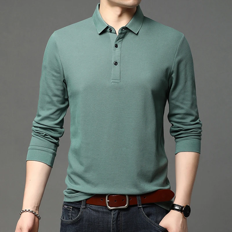 New Polo Shirt Men Business Casual Solid Color Polo Shirts Mens Long Sleeve Breathable Slim Turn Down Collar Polo Tees Tops Men