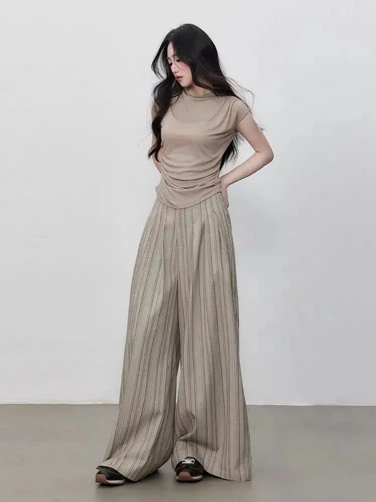 

Autumn women's cotton striped casual wide leg pants