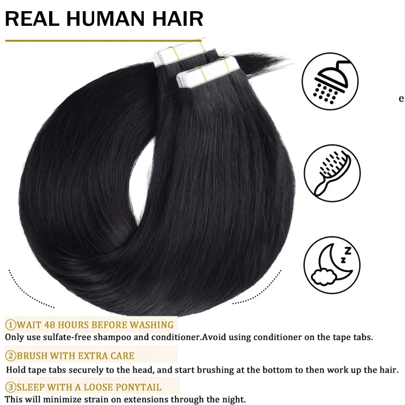 Cinta en extensiones de cabello Cabello humano real # 1 cinta de extensiones de cabello negro azabache en extensiones de cabello de cinta de trama de piel recta sin costuras 50g