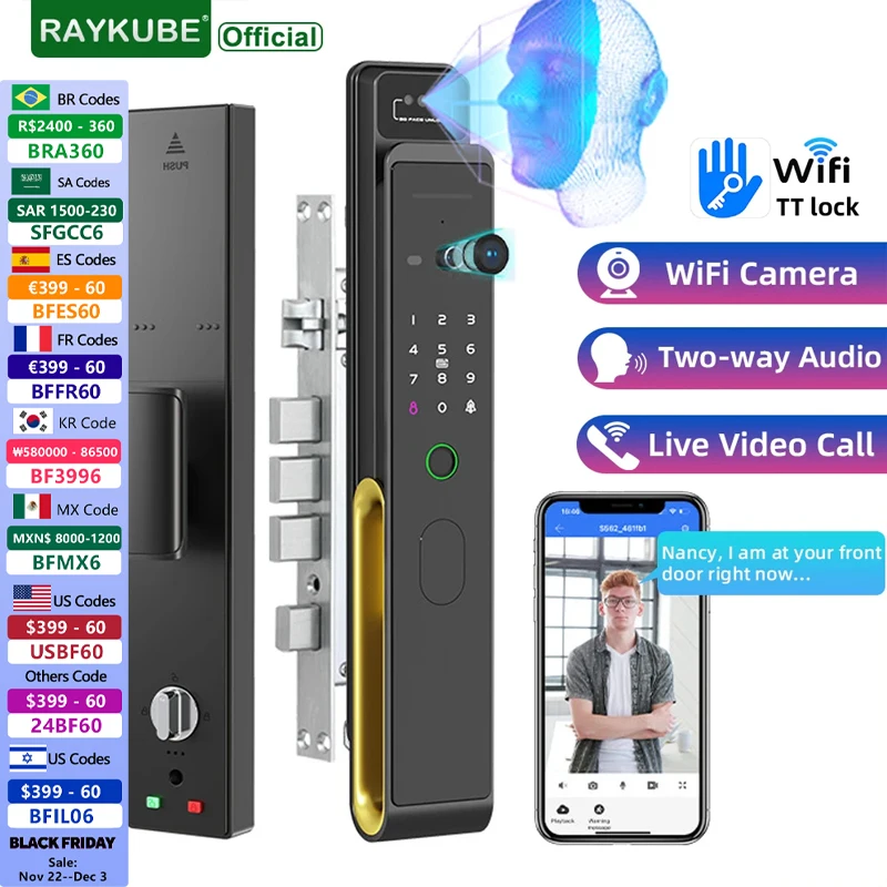 RAYKUBE TD1 TT Lock WiFi 3D reconocimiento facial cerradura de puerta inteligente con huella dactilar con WiFi cámara IP aplicación remota