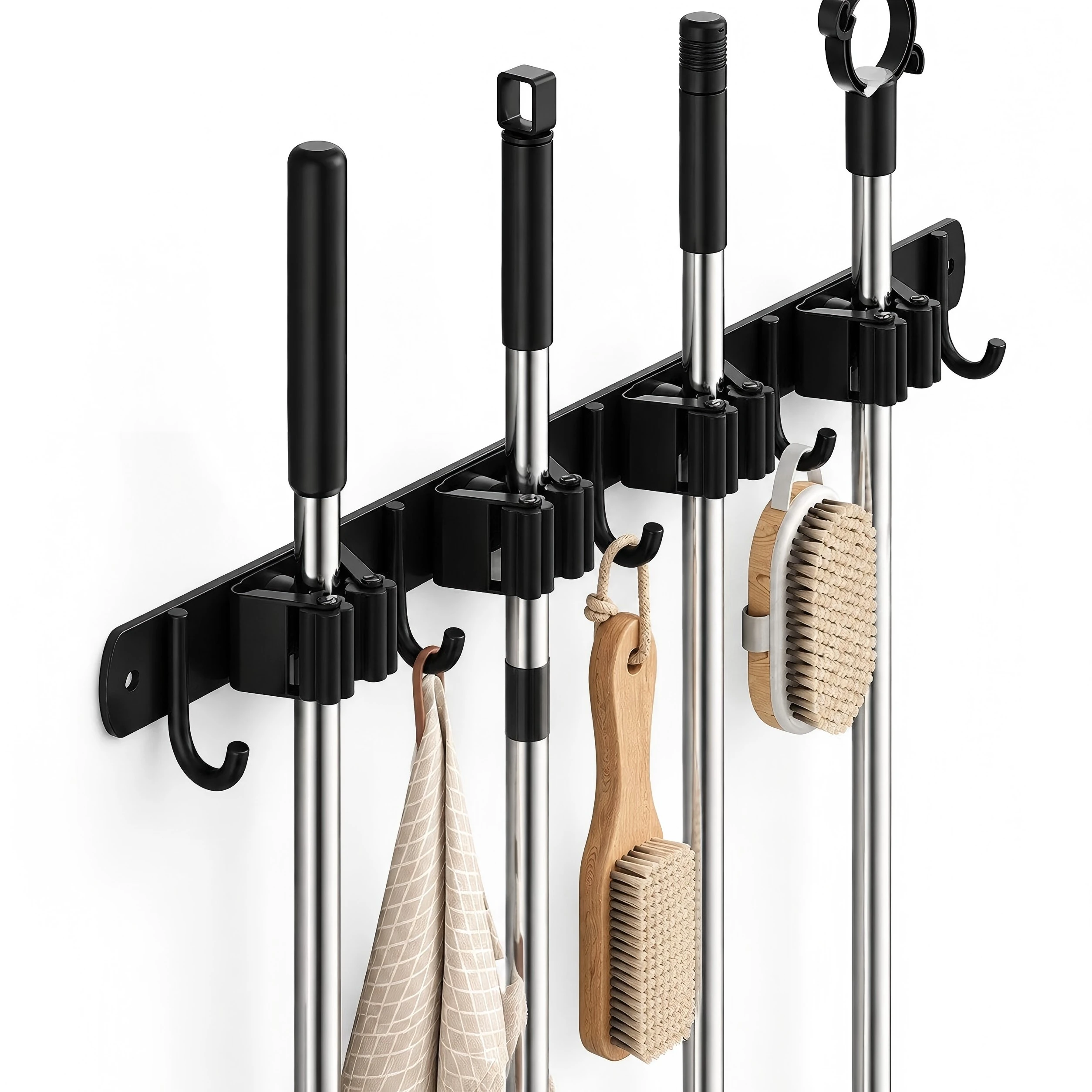 Wandhaak bezemhouder met 4 houders en 5 haken, tuin gereedschapshouder (voor bezems, moppen en tuingereedschap, 49cm*3cm, wandmontage, roestvrij staal, ruimtebesparend), bezemhouder wandmontage.