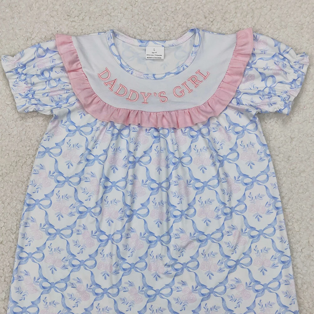 GSD2226 女の赤ちゃんサマードレス刺繍女の赤ちゃんブルー弓パパの女の子膝丈ドレス