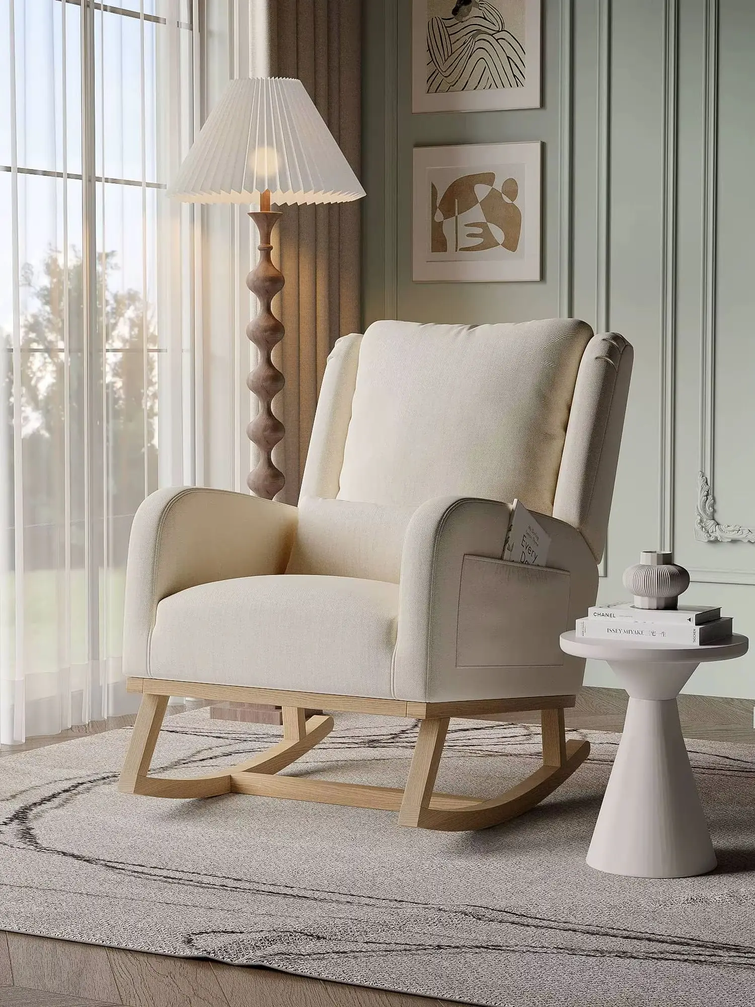 Schaukelstuhl mit massivem Holzgestell, geeignet für Wohnzimmer, Schlafzimmer, Balkon und Garten (Beige, 68 x 93 x 96 cm) – Detail 1