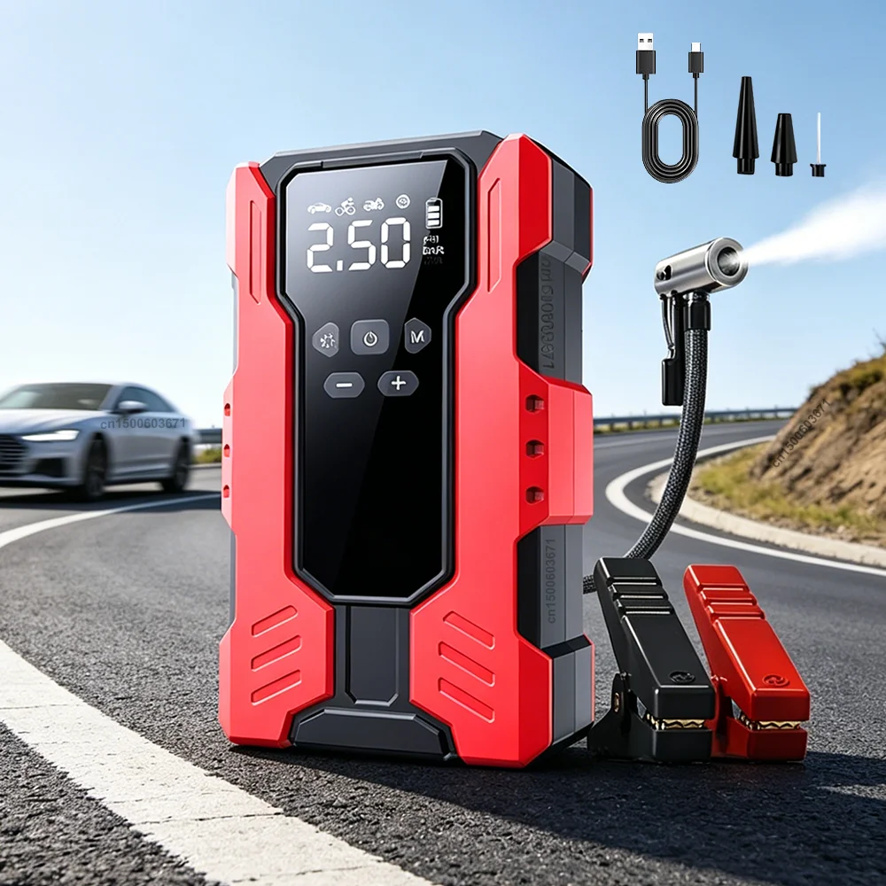 Auto-Starthilfegerät mit Luftkompressor 3200A Tragbarer Auto-Batterie-Starter Powerbank 12V Auto-Batterie-Booster mit Taschenlampe 8000mAh Auto-Startgerät Autostarter