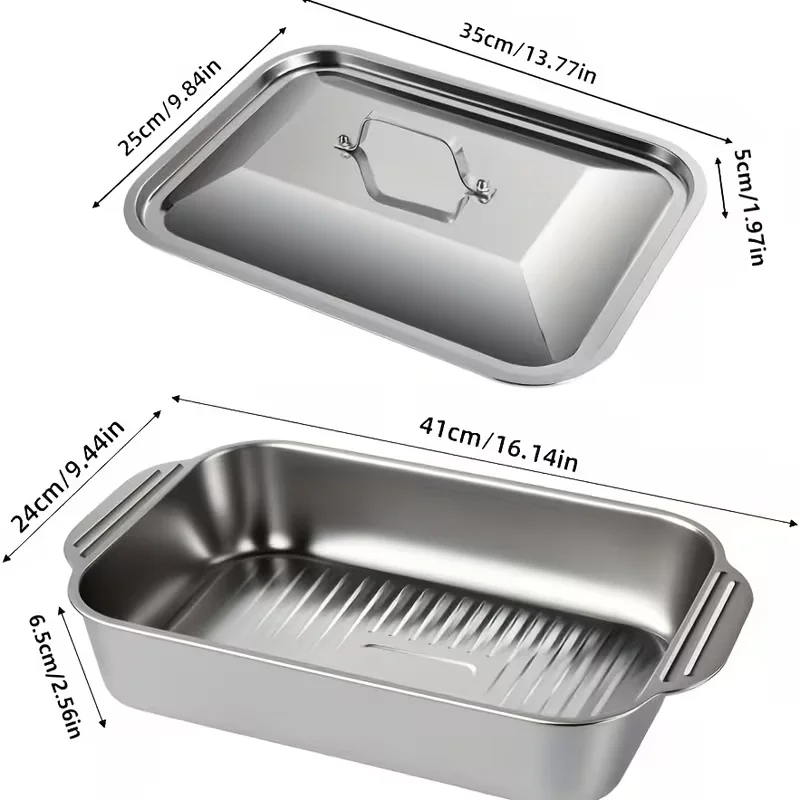 Stainless Steel Baking Pan With Lids Deep Dish For Fish/Pasta/Grilling Oven & Dishwasher Safe Cookware