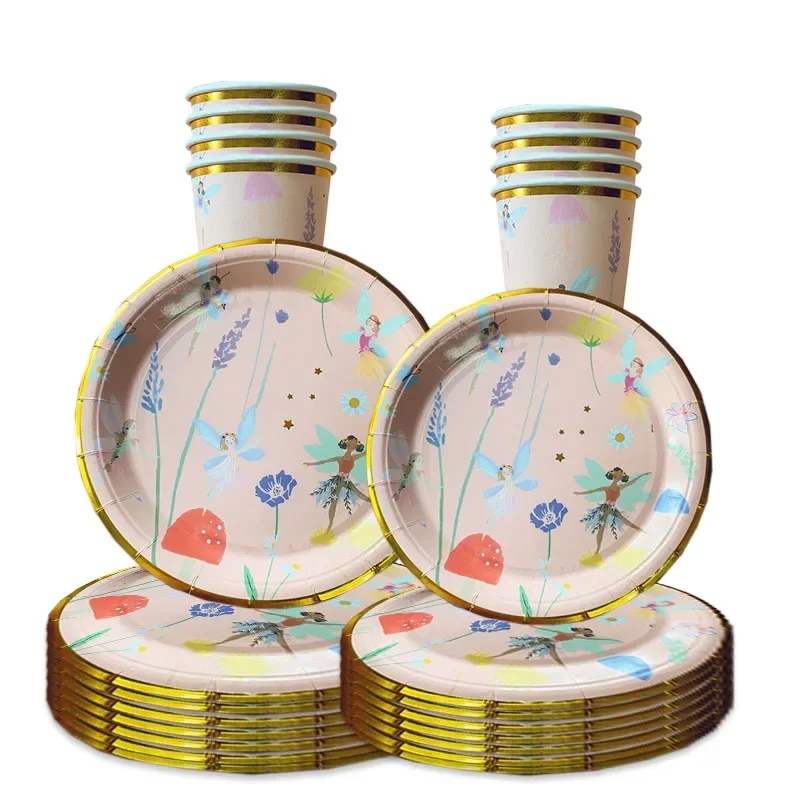 Vaisselle jetable pour 10 invités, thème Fée Papillon, assiettes, serviettes, gobelets, décoration de fête d'anniversaire pour fille, thème Princesse Fleurs de printemps